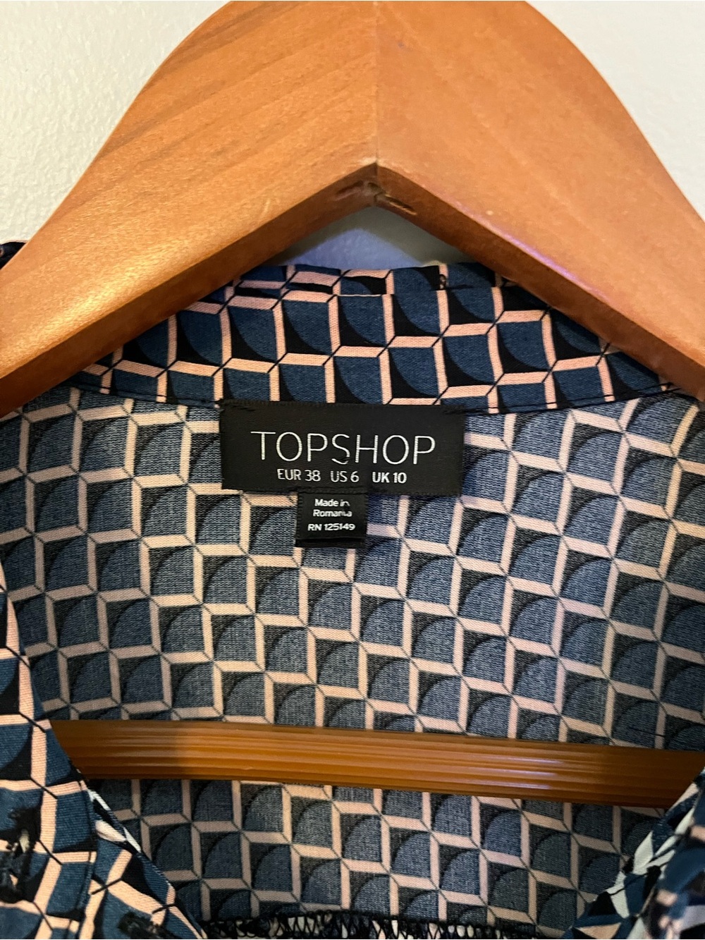 Topshop Blue, Salmon Pink, Black & White Geometric-Pattern Button-Down Shirt - Picture 2 of 6
